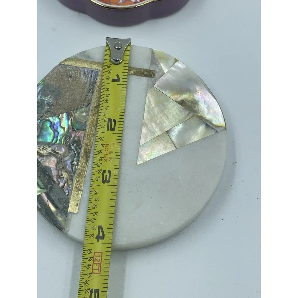 Anthropologie Monogram T Lid Trinket Dish Marble Abalone Floral Ceramic Coaster